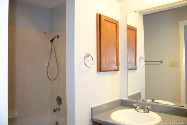a bathroom with a sink vanity mirror and shower