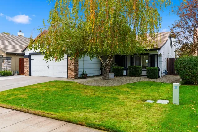 a view of a house with backyard and tree
