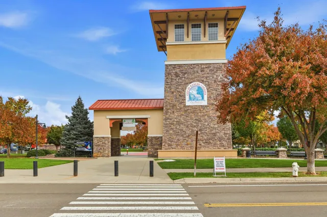 a view of a park with large trees