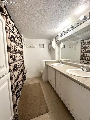 a bathroom with a sink a toilet a mirror and shower