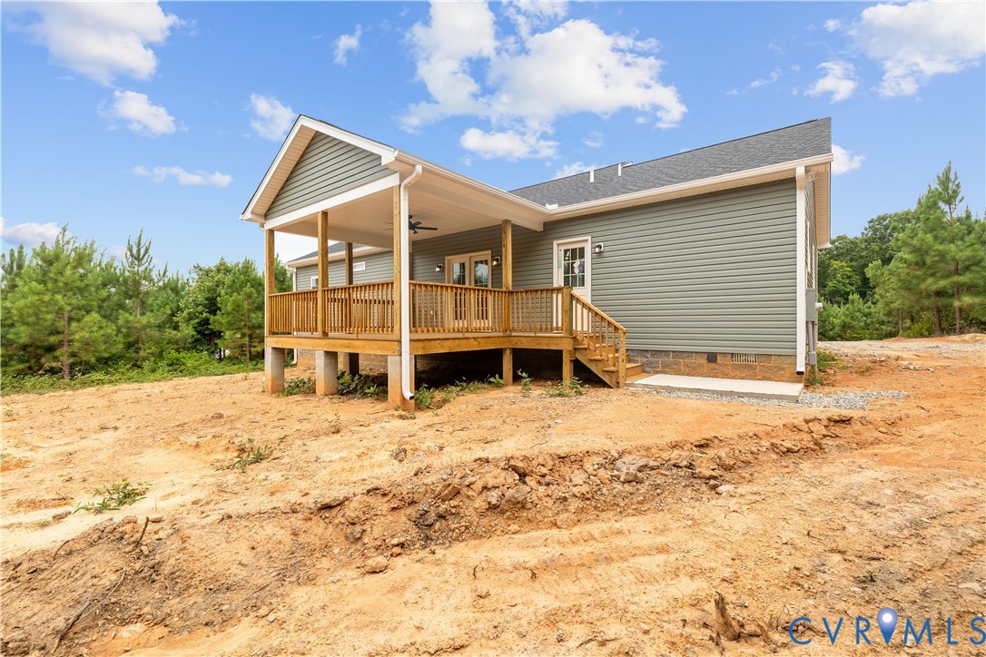 178 Barter Hill Road Cumberland, VA 23040 - Photo 31 of 34 Back of house with ceiling fan, covered porch, and