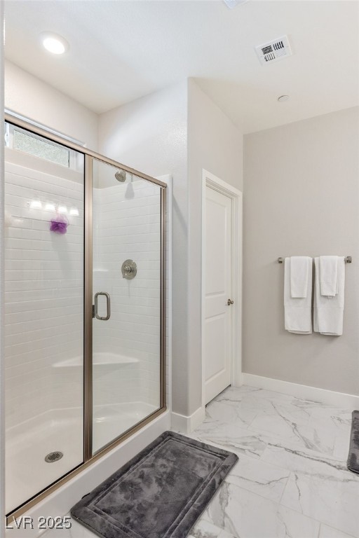 5592 Hickory Tree Street Las Vegas, NV 89149 - Photo 41 of 87 Full bath with light marble finish flooring, a shower stall, and recessed lighting