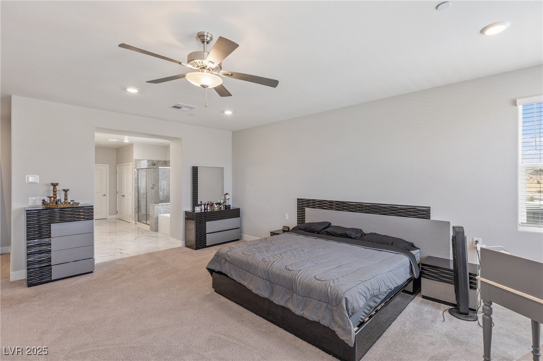5592 Hickory Tree Street Las Vegas, NV 89149 - Photo 62 of 87 Bedroom featuring light colored carpet, recessed lighting, and ceiling fan