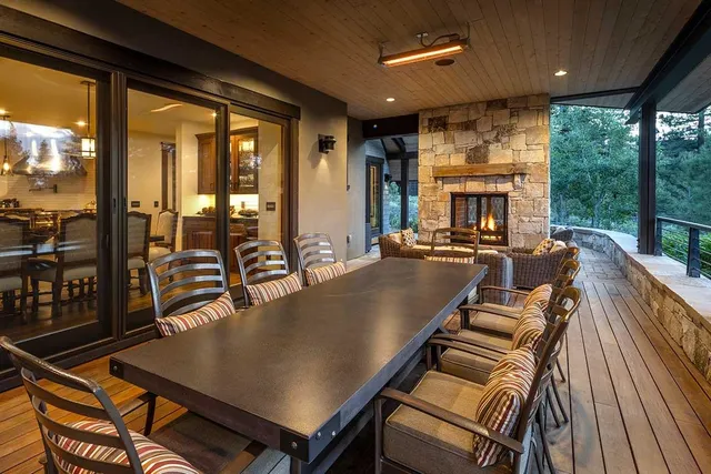 a view of a patio with swimming pool