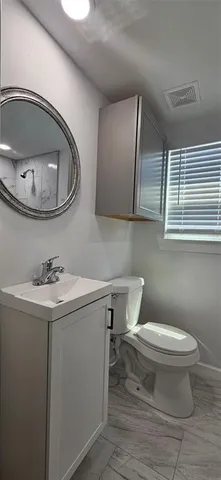a bathroom with a sink a toilet and mirror