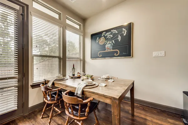 a view of a dining room with furniture large window and wooden floor