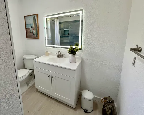 a bathroom with a sink a toilet and mirror