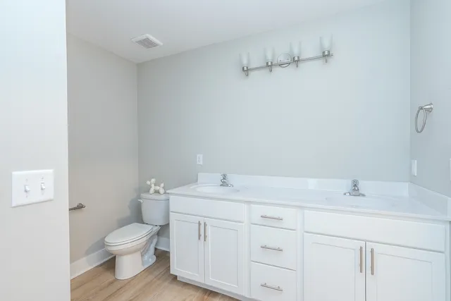 a bathroom with a sink a toilet and vanity