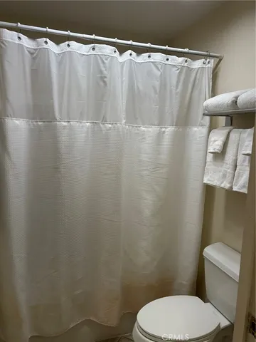 a white toilet sitting next to a shower curtain