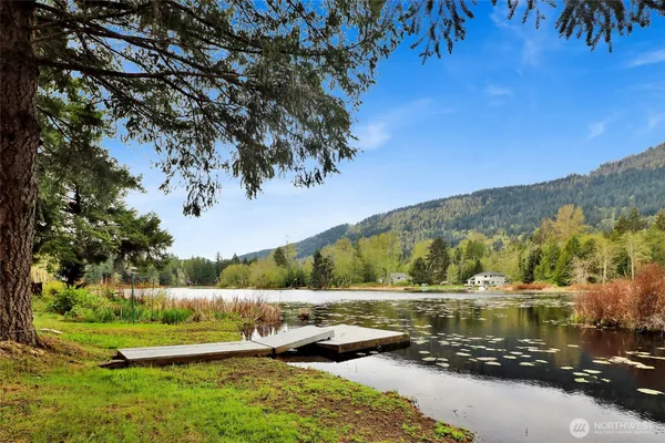 a view of a lake with a mountain