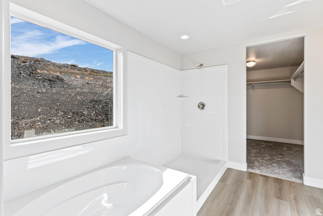 257 North Slant Road, Unit 51M Mapleton, UT 84660 - Photo 15 of 24 Bathroom featuring a walk in closet, a walk in shower, light wood-type flooring, a garden tub, and recessed lighting