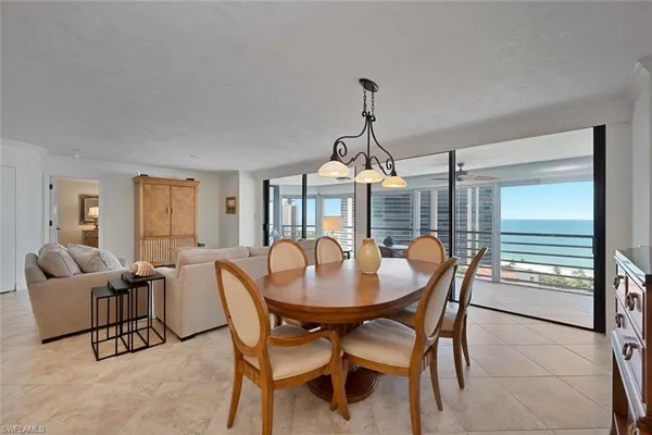 a view of a dining room with furniture window and outside view