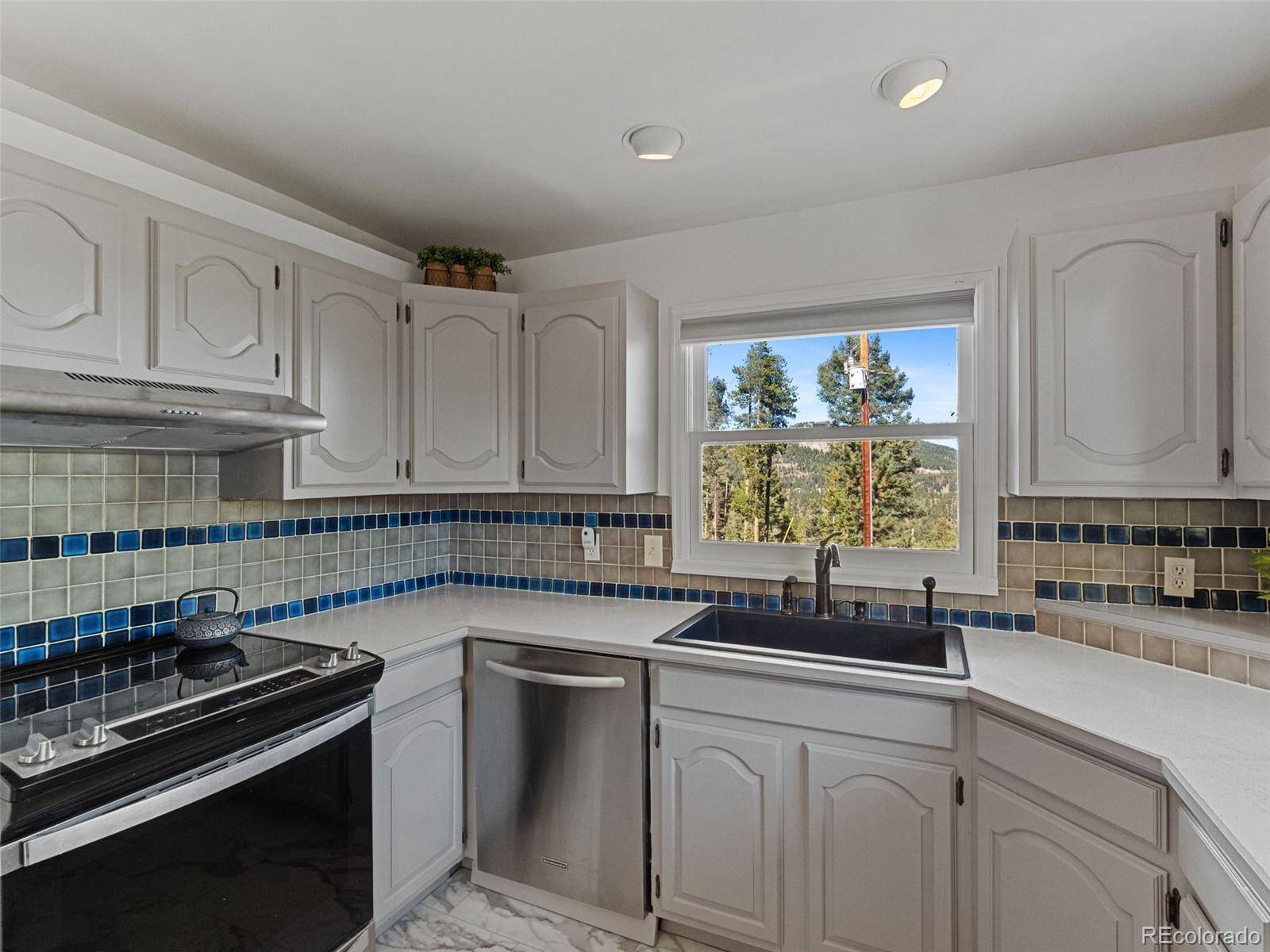 11825 South Little Turtle Lane Conifer, CO 80433 - Photo 20 of 34 a kitchen with stainless steel appliances granite countertop a sink stove and cabinets