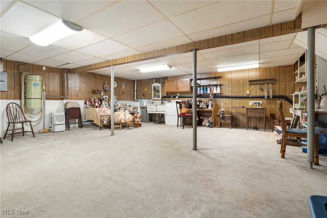 3417 Biltz Road Kent, OH 44240 - Photo 17 of 38 Basement featuring wooden walls, carpet floors, and a paneled ceiling