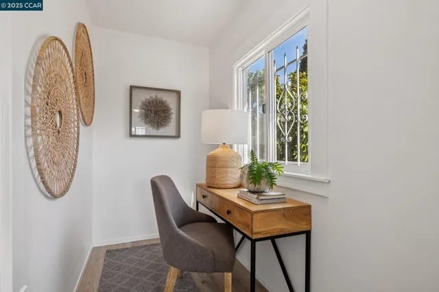 a view of a dining room with furniture