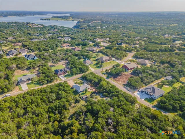 an aerial view of residential houses with outdoor space and trees