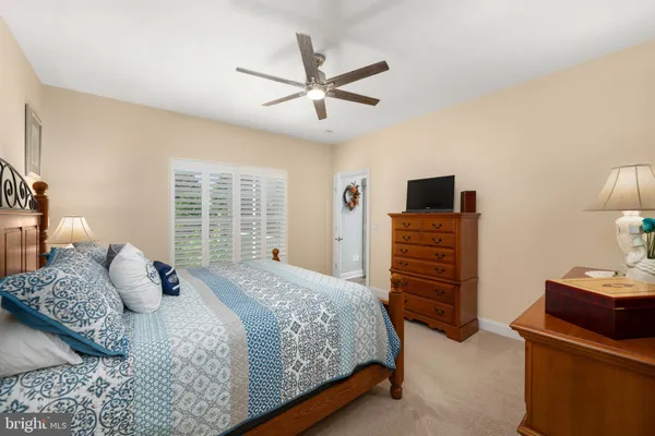 a bedroom with a bed a dresser and a couch