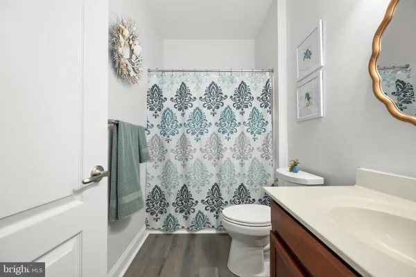 a bathroom with a white toilet sitting next to a white sink and a shower curtain