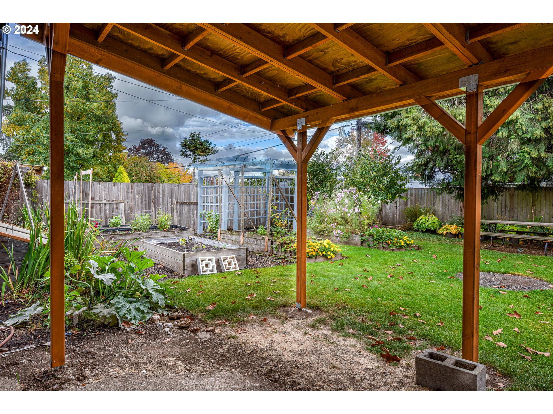 1039 Nancy Avenue Springfield, OR 97477 - Photo 32 of 40 a view of a backyard with table and chairs potted plants and floor to ceiling window