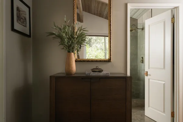 a bathroom with a sink a mirror and a potted plant