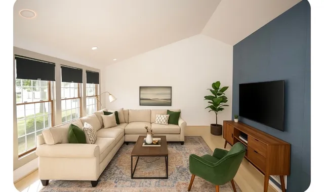a living room with furniture a flat screen tv and a floor to ceiling window