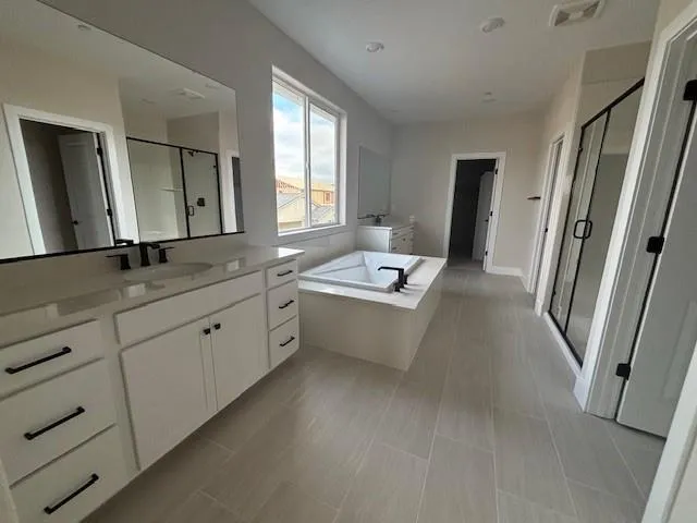 a bathroom with a double vanity sink a mirror and a bathtub