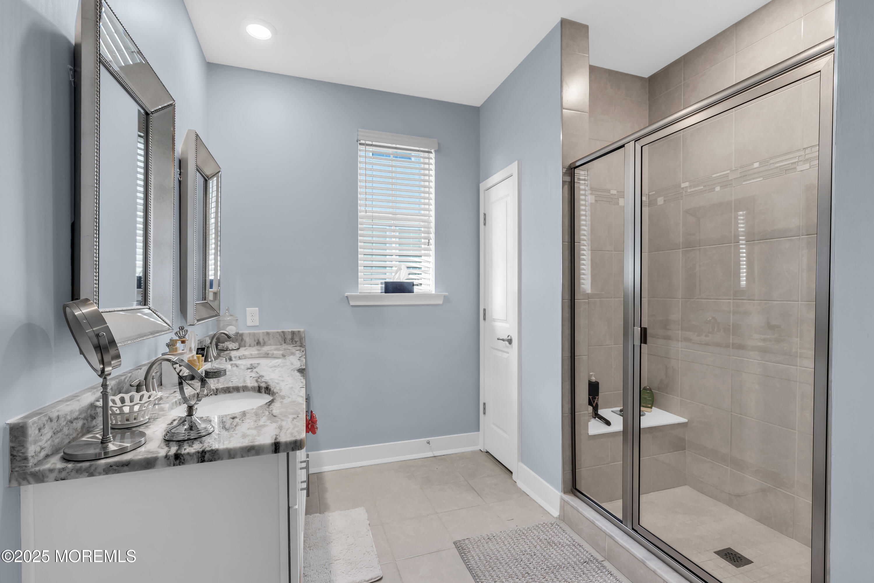 35 Saratoga Road New Egypt, NJ 08533 - Photo 27 of 41 a bathroom with a granite countertop sink a mirror and a shower