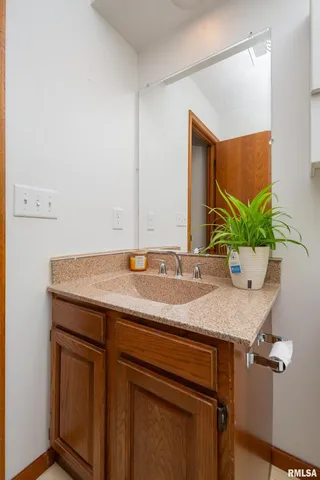 a bathroom with a granite countertop sink a mirror and a potted plant