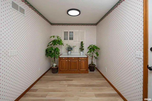 a view of a hallway with wooden floor and a potted plant