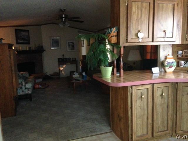 Large living area with wood-burning fireplace