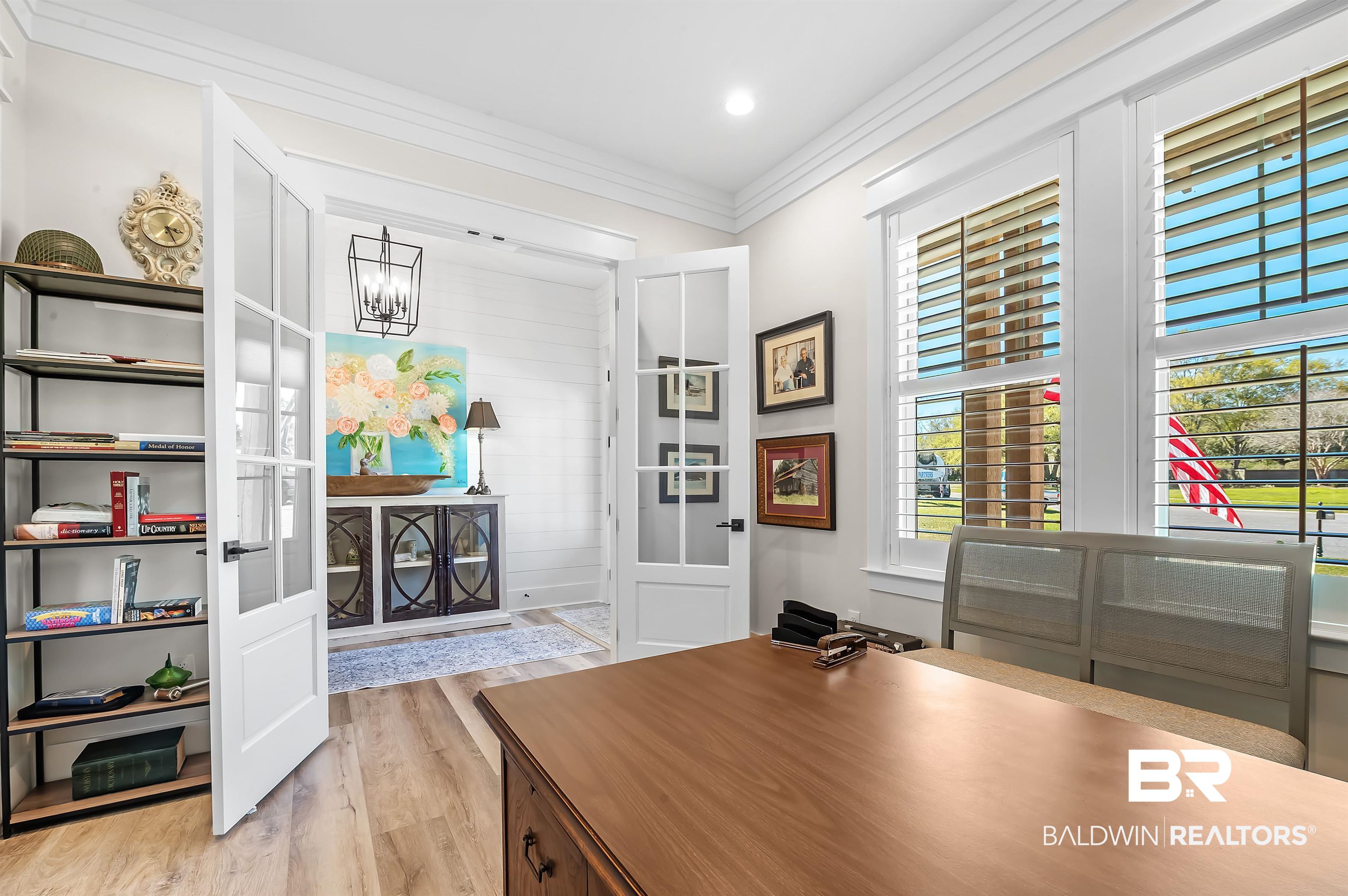 9144 Harvest Ridge Fairhope, AL 36532 - Photo 18 of 58 Office with light wood-type flooring, a notable chandelier, ornamental molding, and french doors