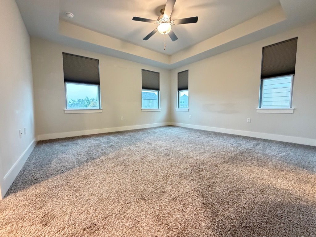 7417 Acela Trail, Unit 231 Austin, TX 78744 - Photo 11 of 15 Unfurnished room with a raised ceiling, carpet floors, healthy amount of natural light, and a ceiling fan