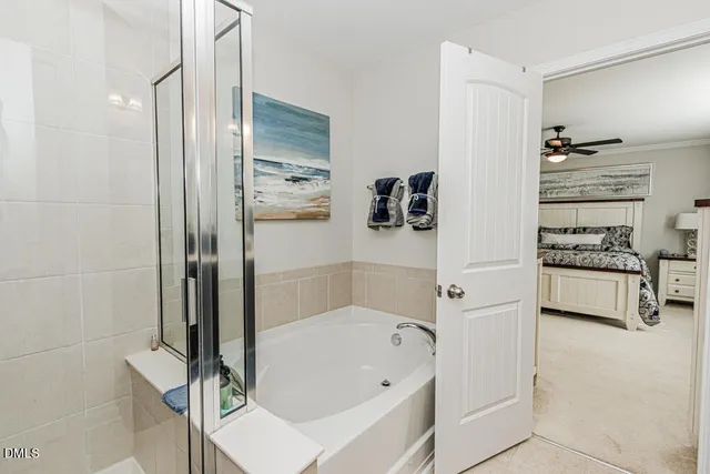 a bathroom with a bathtub and a shower