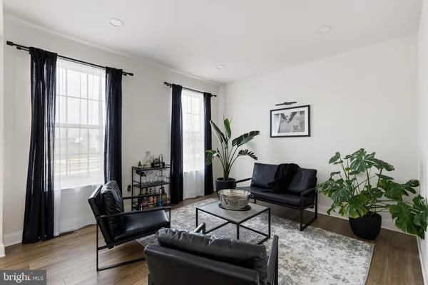 a living room with furniture and a potted plant