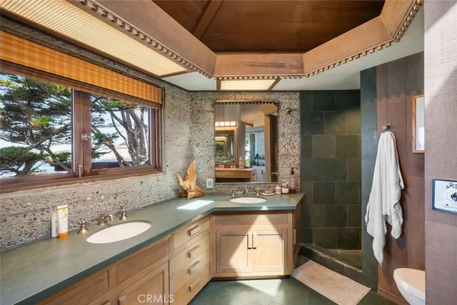 a bathroom with a granite countertop sink toilet and mirror