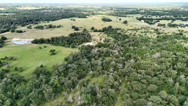 an aerial view of residential houses with outdoor space and trees