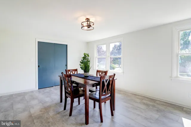 a view of a dining room with furniture and window