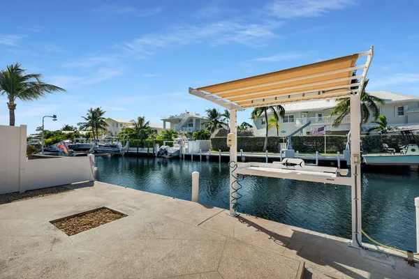 a view of a swimming pool with a lawn chairs under palm tree