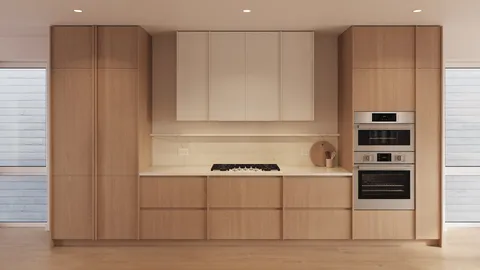 a kitchen with cabinets and white appliances