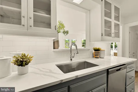 a kitchen with a sink and potted plant