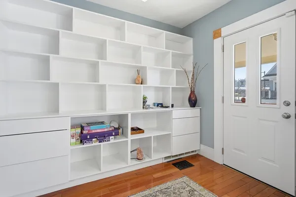 a view of an empty room with empty racks