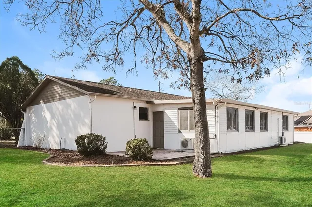a backyard of a house with plants and large tree