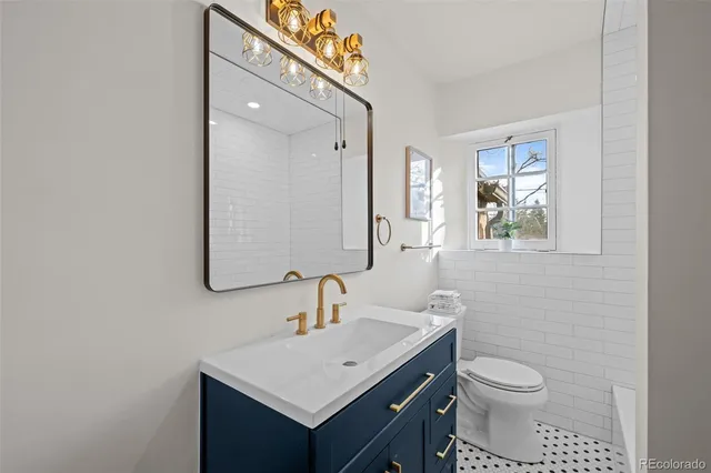 a bathroom with a toilet a sink a mirror and vanity