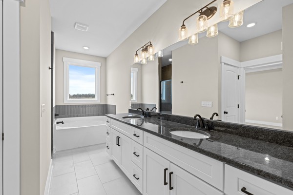 5558 Borthick Road Springfield, TN 37172 - Photo 22 of 43 a bathroom with a granite countertop double vanity sink a mirror and a bathtub