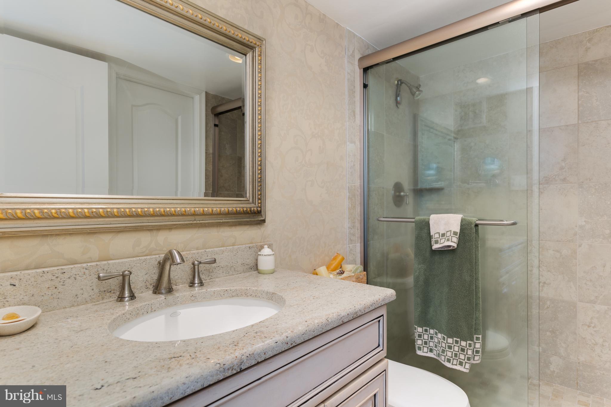 6800 Fleetwood Road, Unit 1017 McLean, VA 22101 - Photo 15 of 24 a bathroom with a granite countertop sink a toilet a mirror and shower
