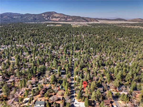 an aerial view of a house with a yard and large trees