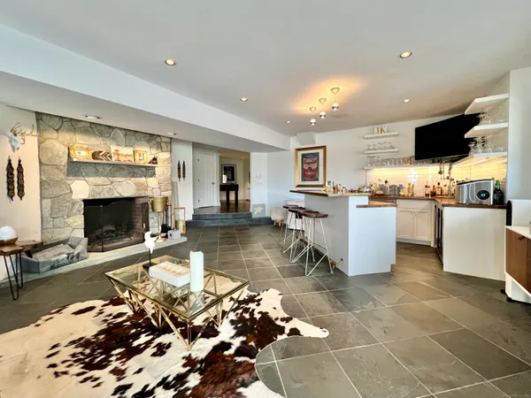 a living room with stainless steel appliances furniture fireplace and television