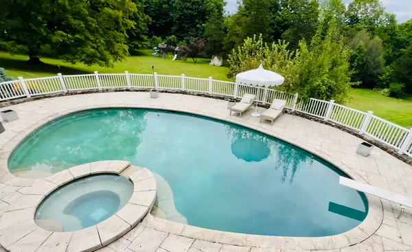 a view of a swimming pool with a back yard