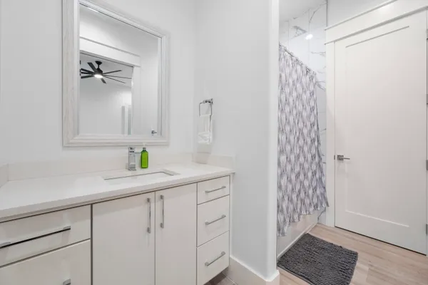 a bathroom with a shower curtain and a sink