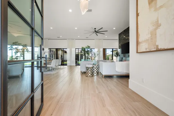 a view of a living room and dining room